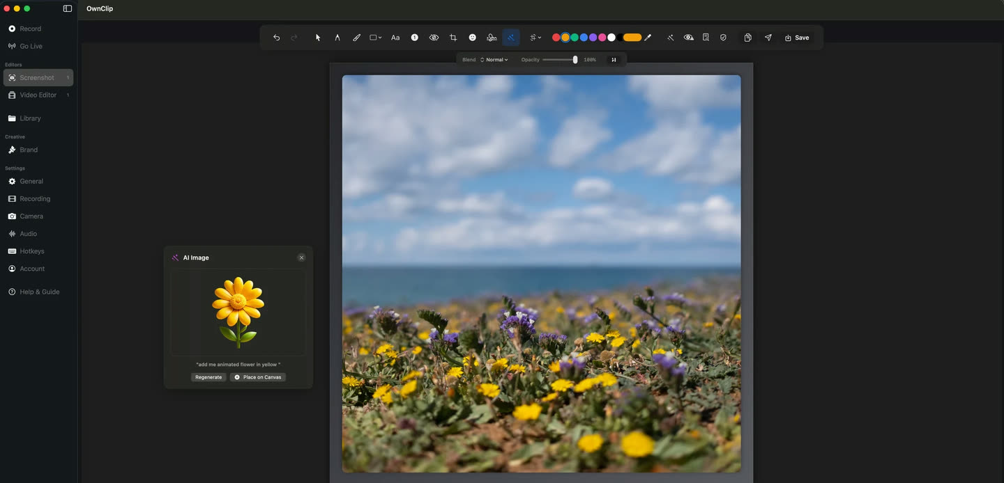 The OwnClip screenshot editor generating an image from a written description and offering to place it on the canvas