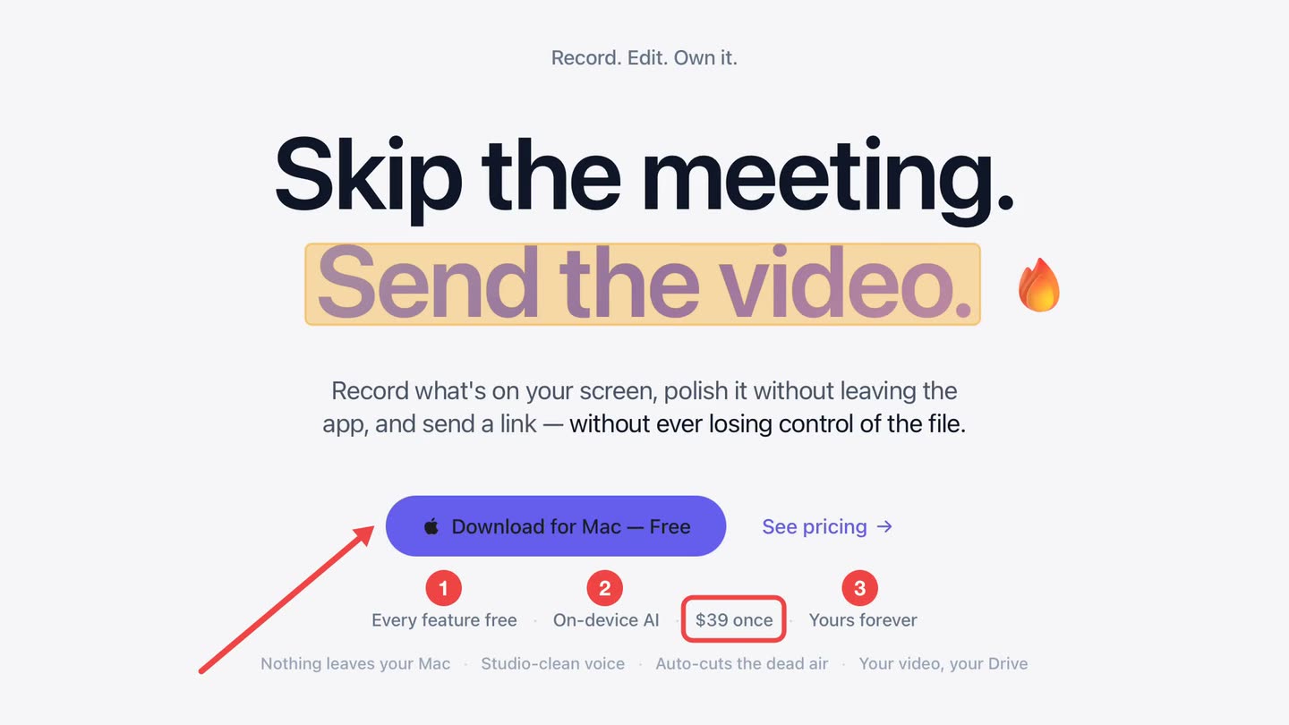 A screen recording of the OwnClip site marked up with arrows, a box, a highlighter sweep and numbered step badges, each appearing and leaving at its own moment