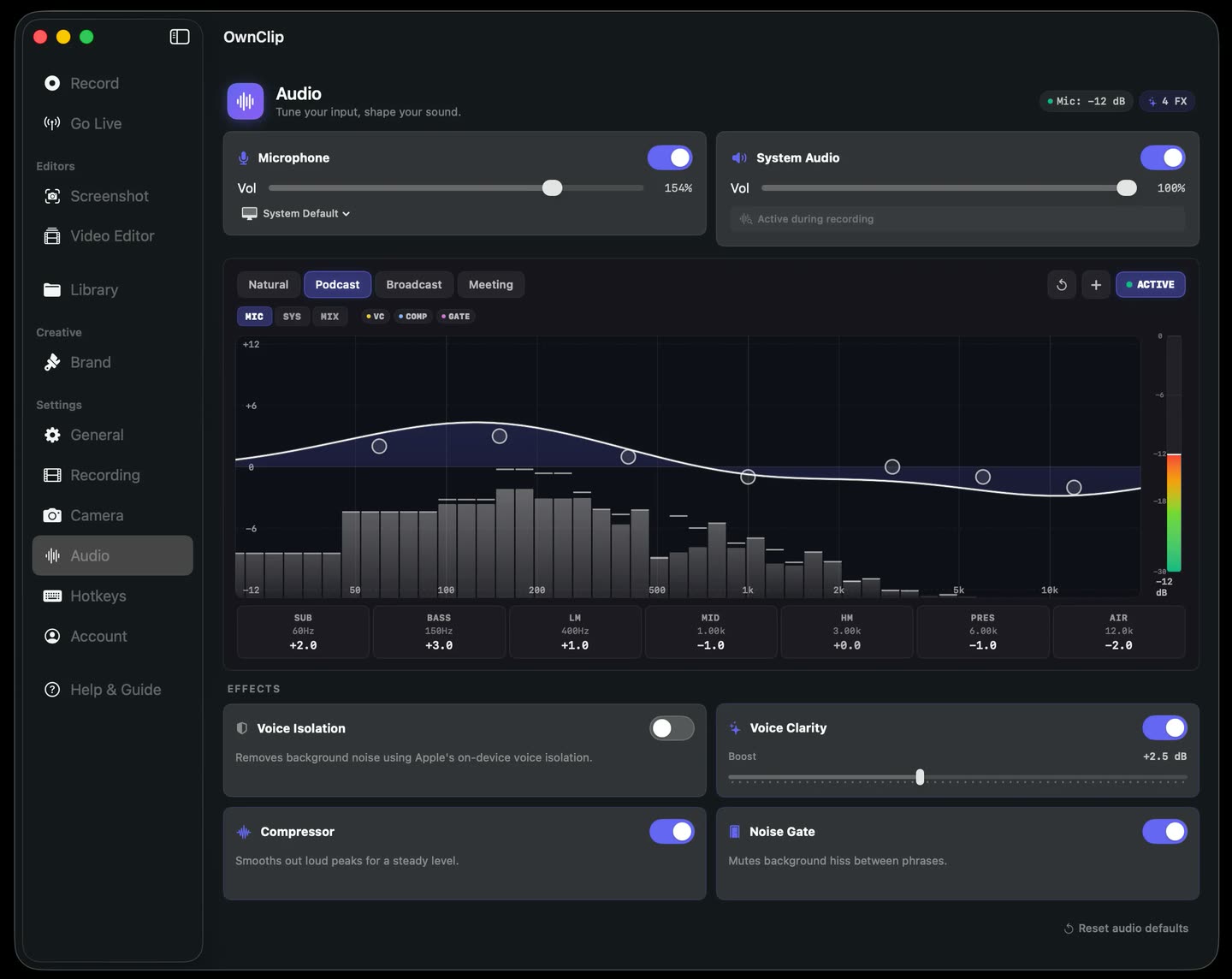 OwnClip audio settings with separate Microphone and System Audio switches, a Podcast preset, and a seven-band EQ curve over a live spectrum