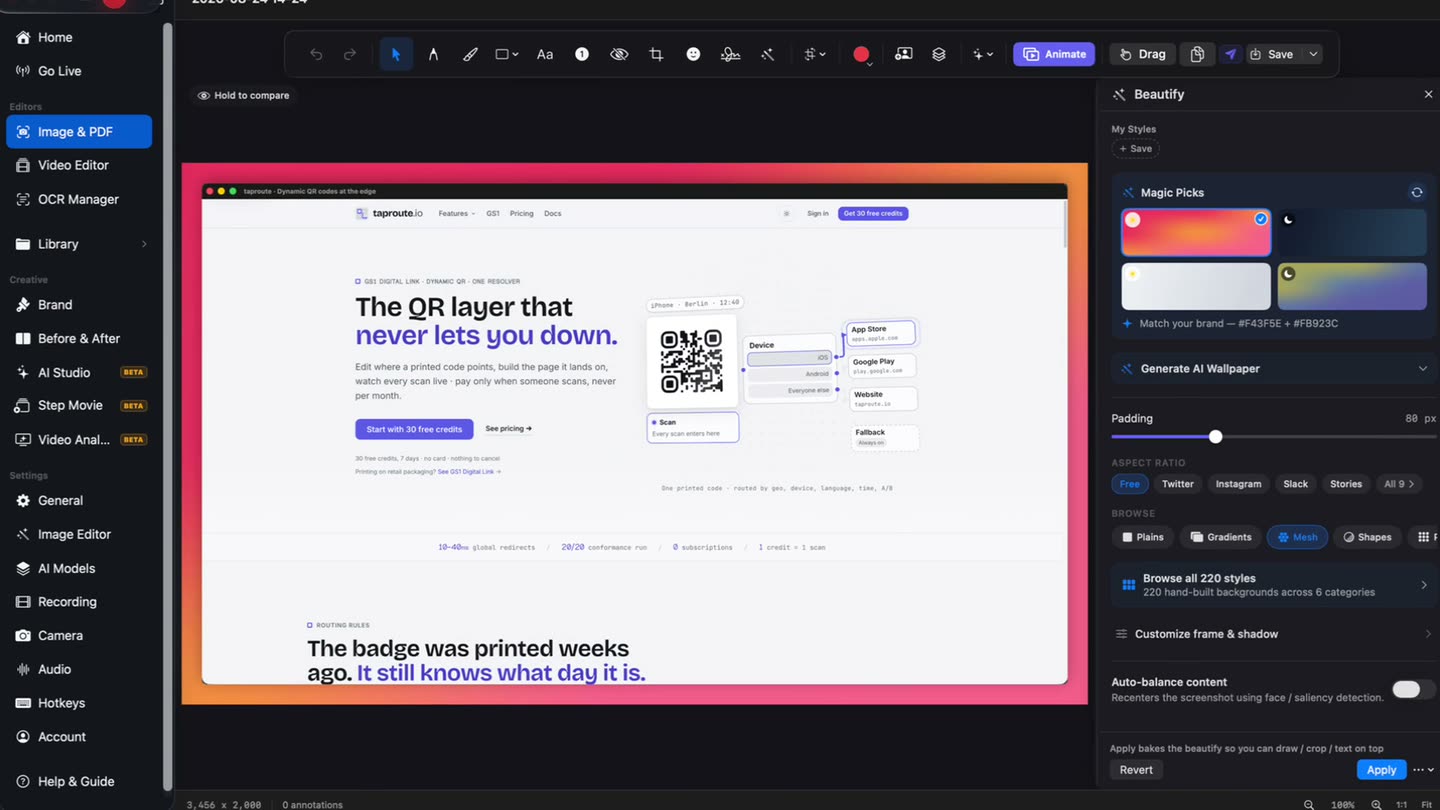 A screenshot being dropped onto two different gradient backgrounds with padding, rounded corners and a shadow