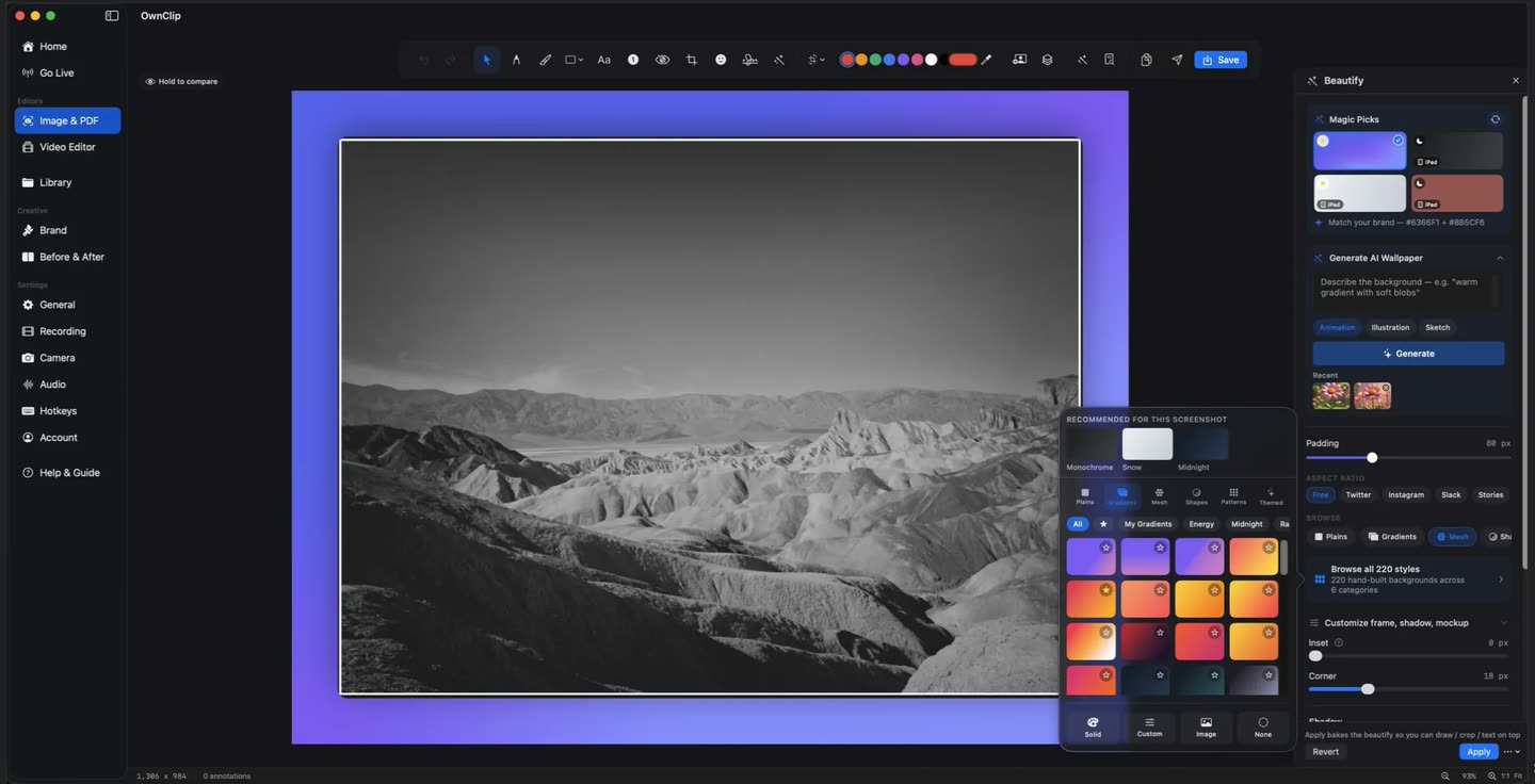The Beautify panel in the OwnClip screenshot editor showing Magic Picks, a background browser, and padding, corner and shadow controls