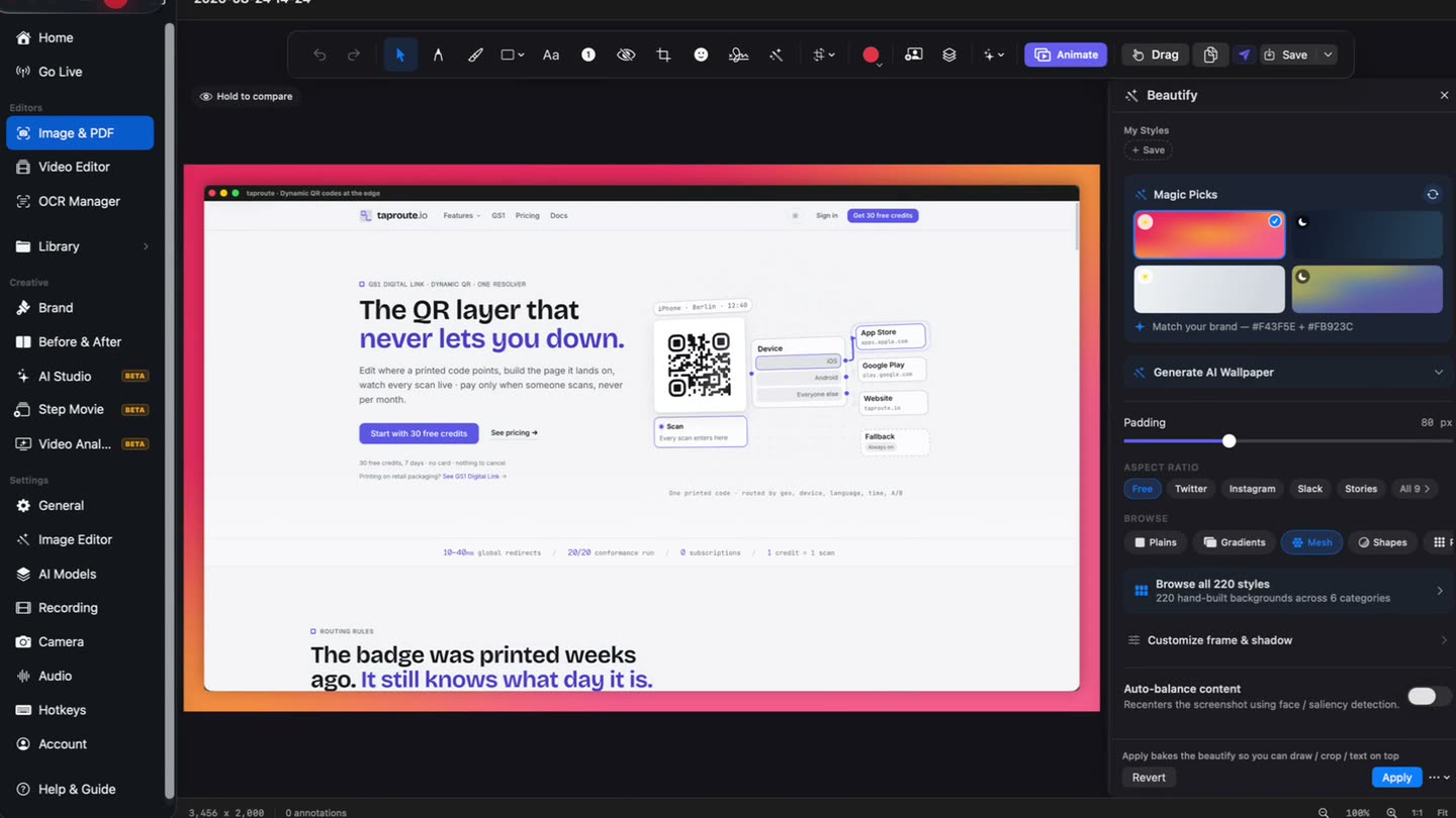 A screenshot being placed on a background with padding, rounded corners and a shadow in the OwnClip screenshot editor