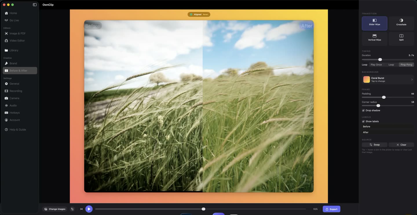 The OwnClip Before & After composer: two images under a slider wipe with Before and After labels, and the transition, timing, background and frame controls beside them