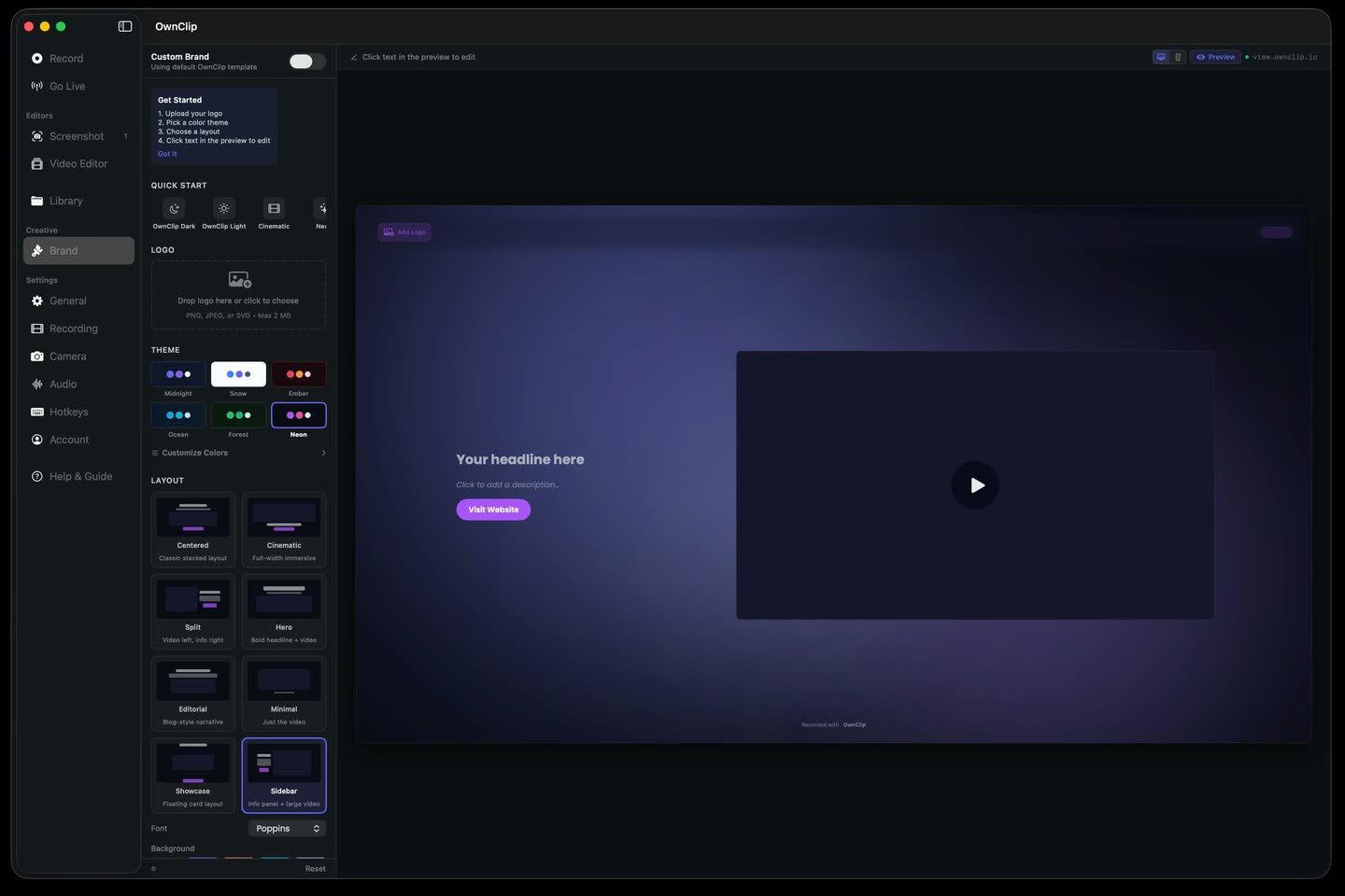 The OwnClip brand settings with a logo, theme palettes and share-page layouts, previewing a branded share page