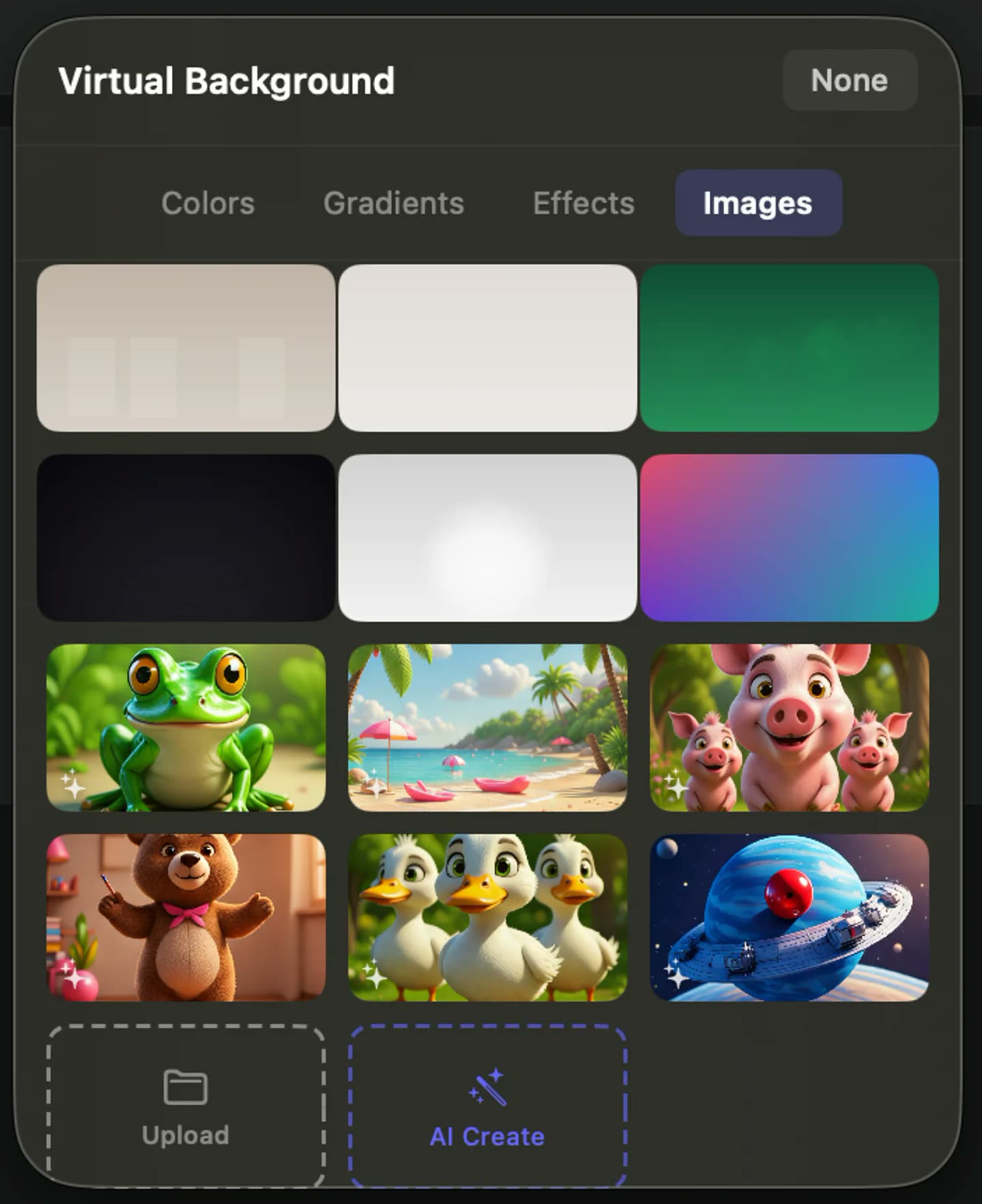 The OwnClip camera settings showing background options and effects applied to a live webcam preview