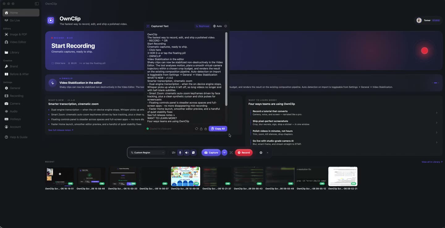 Text being extracted from a screenshot region in OwnClip and turned into editable text