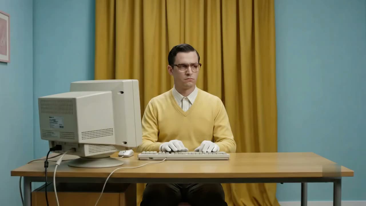 A person seated at a desk in front of a computer, photographed straight on