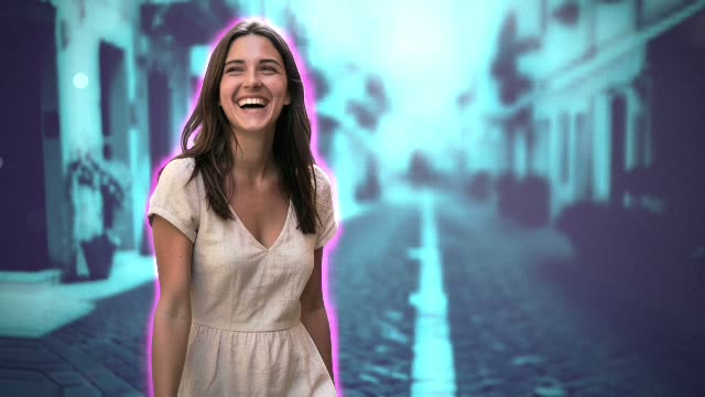 The Neon Split style: a smiling woman cut out with a pink glow along her outline while the street behind her turns blue