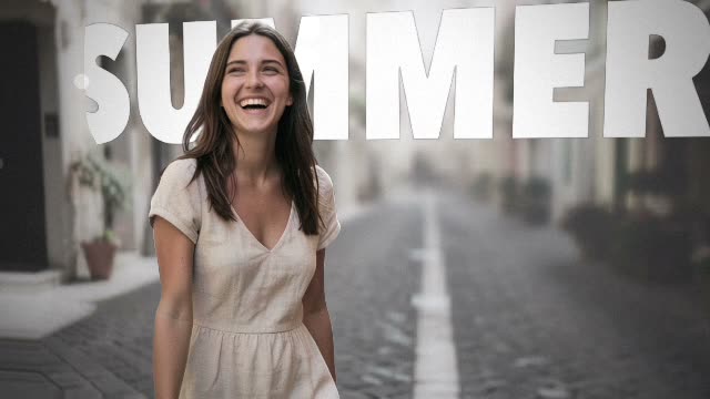 A Depth Motion frame in the Title Behind style: the word SUMMER standing in the street behind a smiling woman