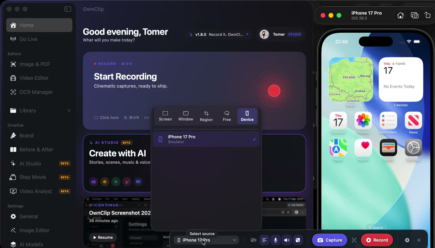 An iPhone plugged into a Mac being recorded from OwnClip's Device tab, its screen and sound landing on the editor timeline