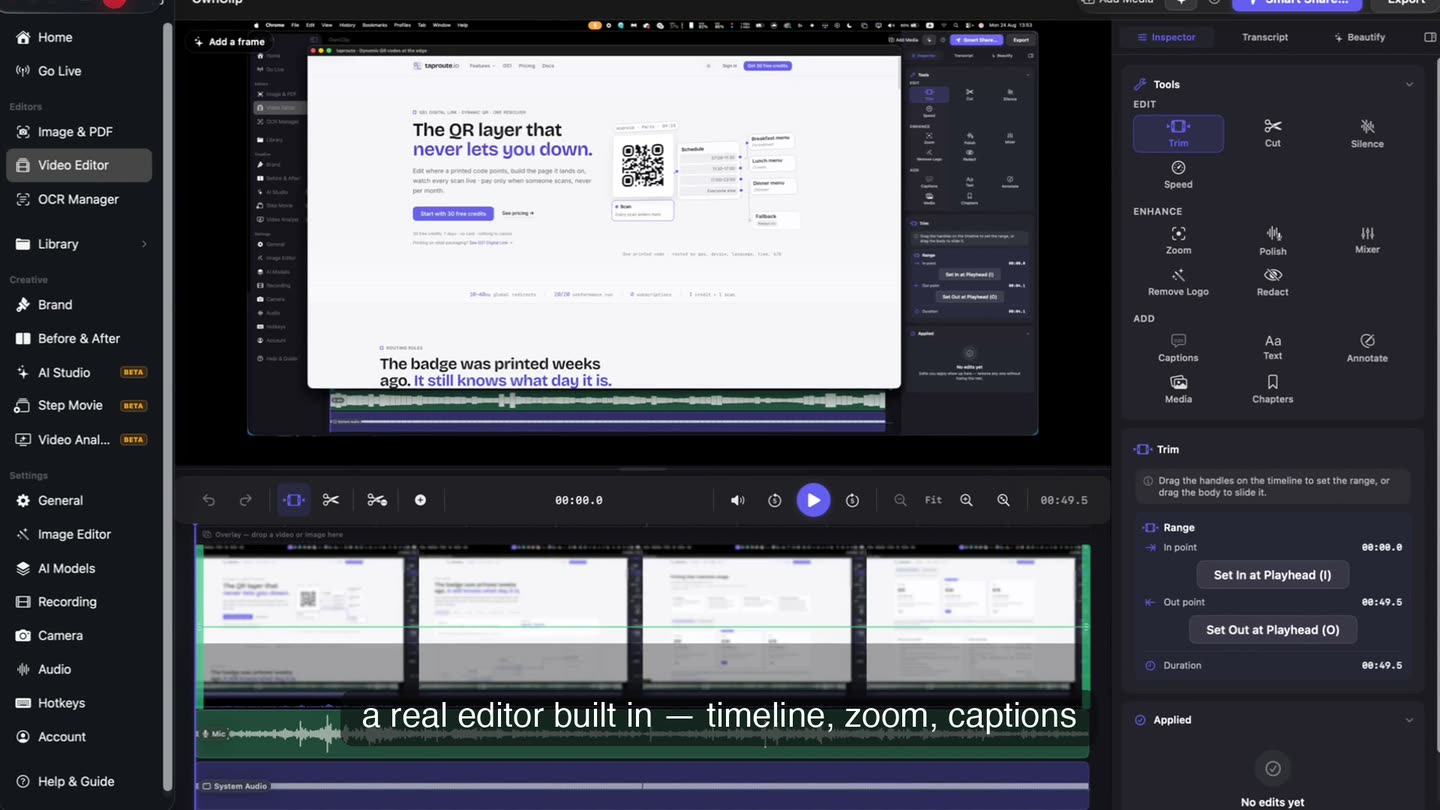 The OwnClip video editor: a recording on the timeline with its filmstrip, the microphone and system audio waveforms on separate tracks below, and the tool panel open on the right
