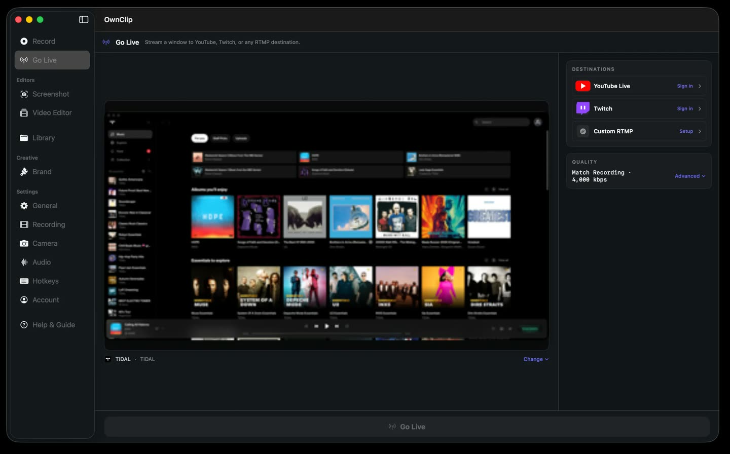 The OwnClip Go Live panel with YouTube Live, Twitch and custom RTMP destinations and a quality setting matched to the recording