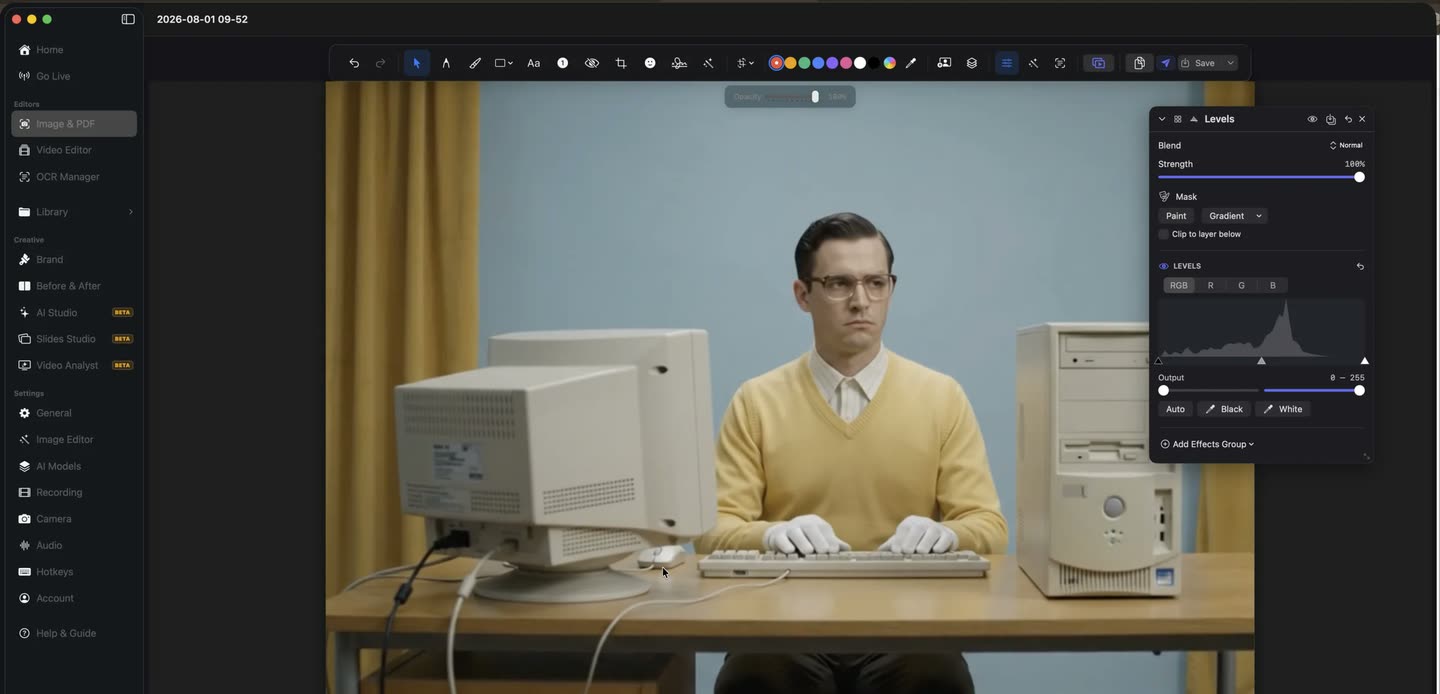 A photo open in the OwnClip image editor with a Levels adjustment layer, its RGB histogram, and blend and mask controls