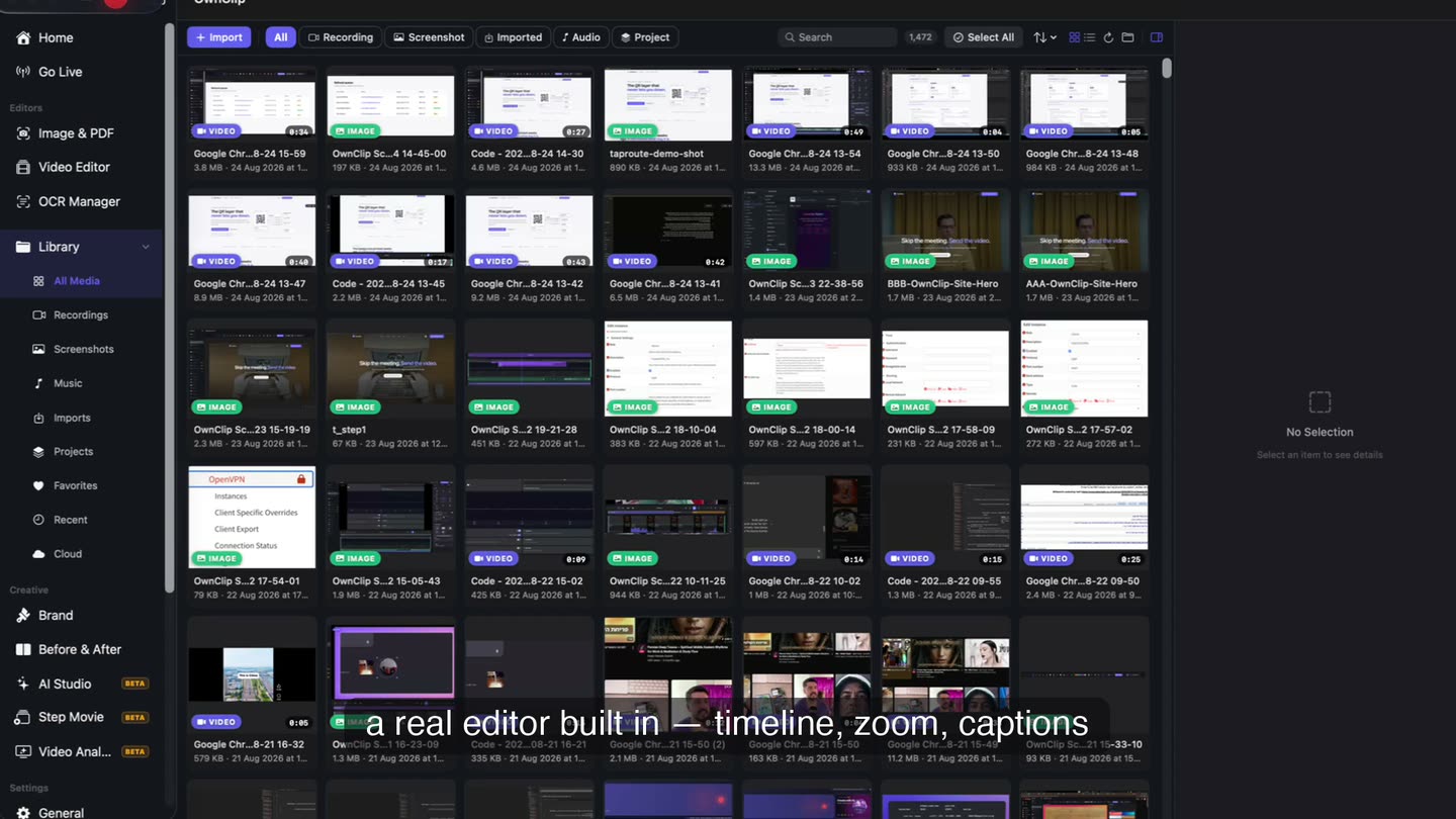 The OwnClip library listing recordings as thumbnails, each with its date and duration