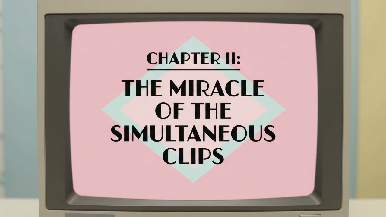 A retro office comedy: two colleagues at 1980s computers, a title card reading "Chapter II: The Miracle of the Simultaneous Clips"