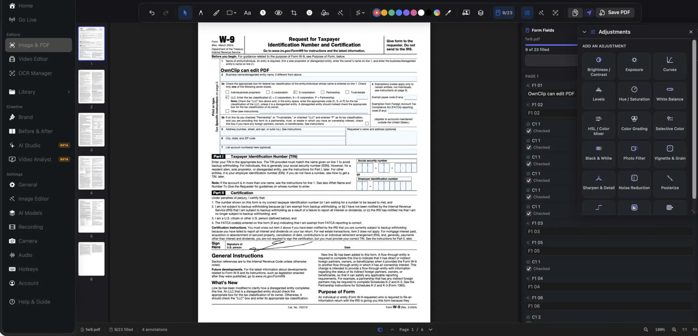 An IRS W-9 open in OwnClip with its real form fields being filled, page thumbnails on the left and the field list on the right