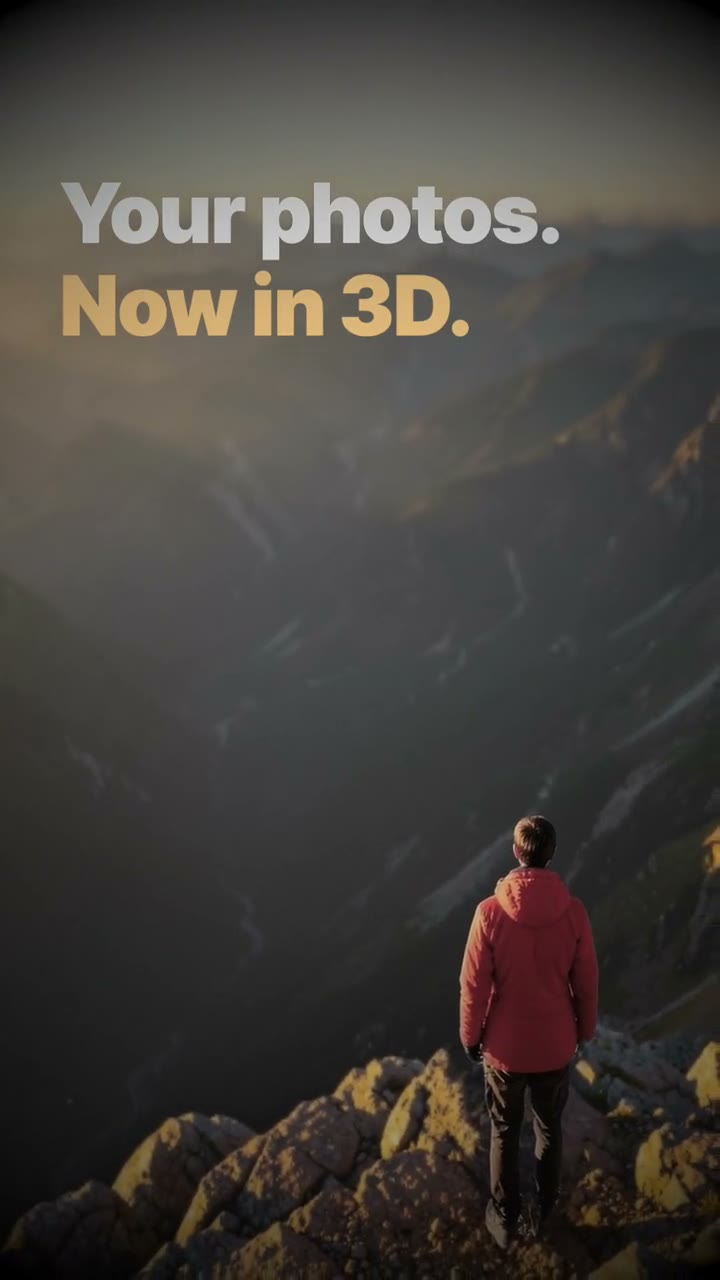 The vertical version of the OwnClip commercial: the app icon builds, the hiker on the ridge moves in 3D under “Your photos. Now in 3D.”, then “Try ownclip.io”