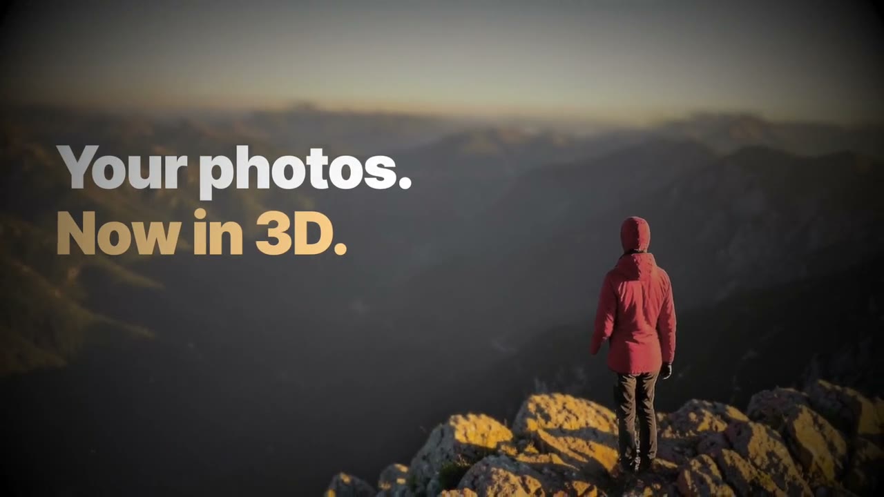 A 12-second commercial made by OwnClip: the OwnClip logo builds and the camera dives through it, a hiker on a mountain ridge moves in 3D under “Your photos. Now in 3D.”, then the end card says “Try ownclip.io”
