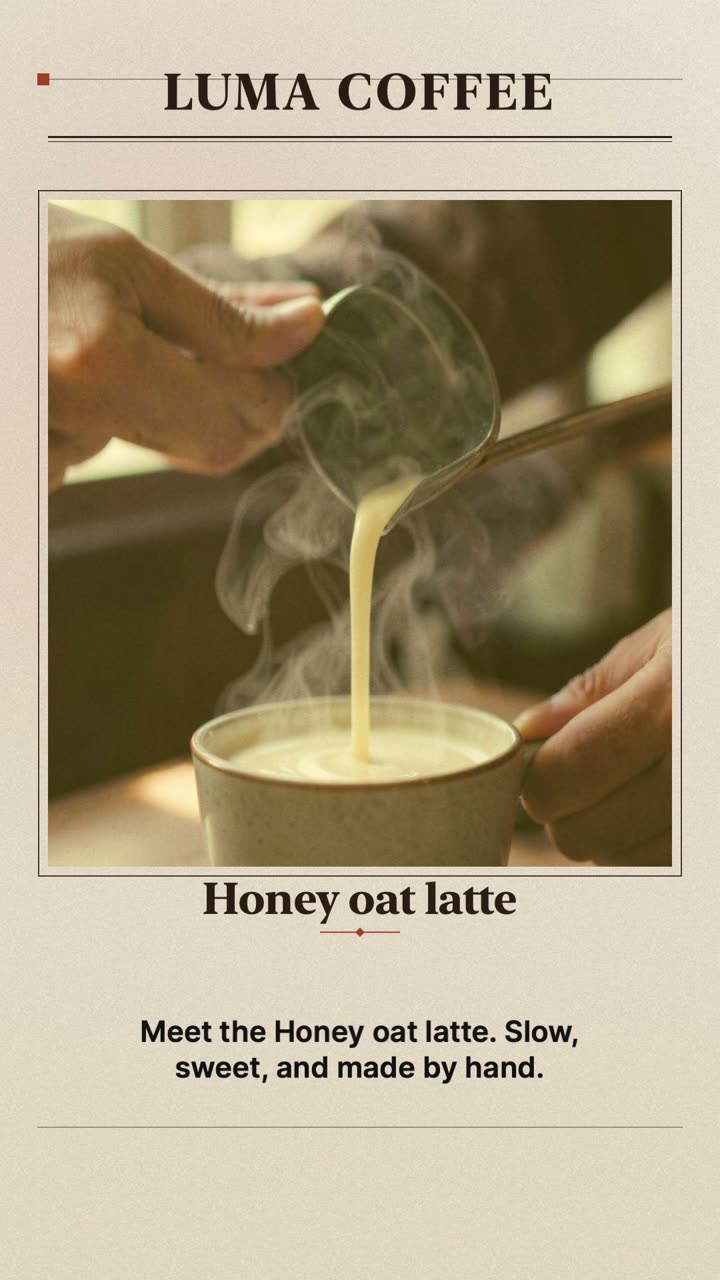 A vertical promo Short for a café called Luma Coffee: a painted latte, milk being poured, an almond croissant, a list of the week's items and an end card with the café's web address