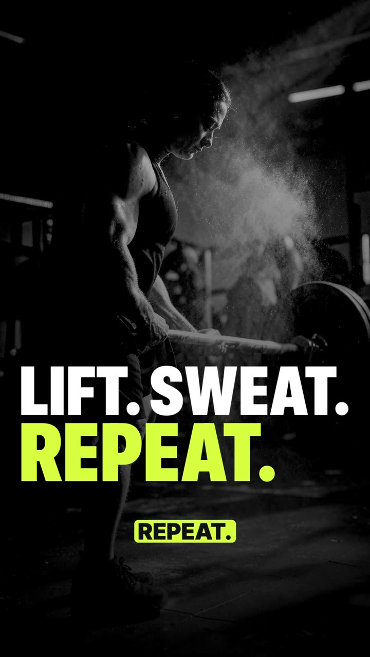 A vertical promo Short for a gym called Iron Hall: black-and-white pictures of people training, LIFT. SWEAT. REPEAT. in white and neon green, a numbered workout list, a member count climbing to 500+ and an end card
