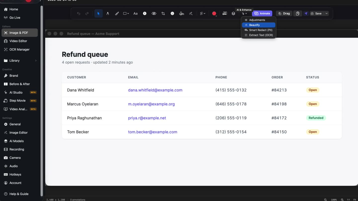 A table of customer records with visible email addresses and phone numbers, scanned and then blurred in the OwnClip editor