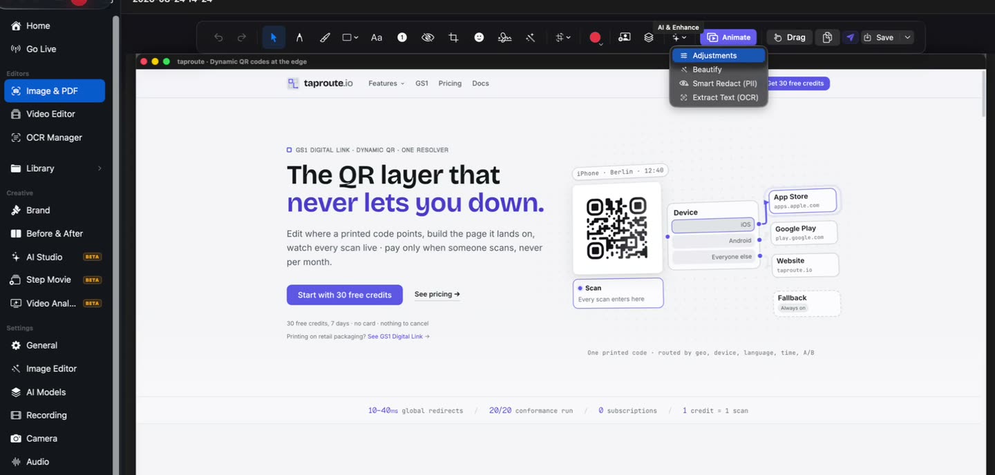 A capture open in the OwnClip screenshot editor with the AI actions menu showing Adjustments, Beautify, Smart Redact and Extract Text
