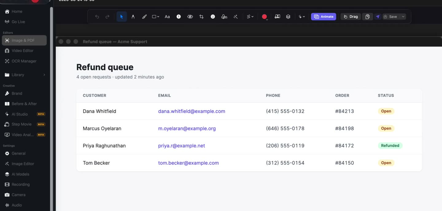 A captured table open in the OwnClip screenshot editor, its markup toolbar along the top, with the email addresses and phone numbers in it being blurred