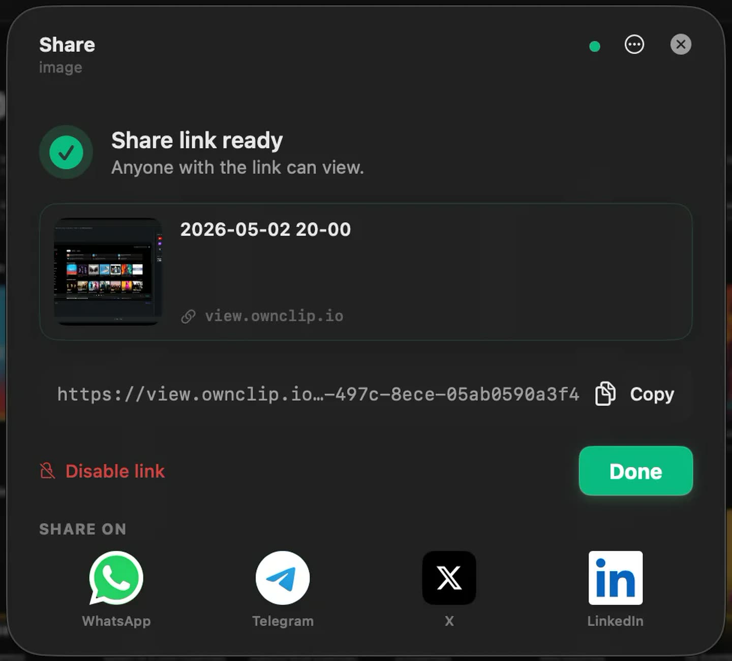 The OwnClip share dialog: a share link ready on view.ownclip.io, a Copy button, and a Disable link control in red