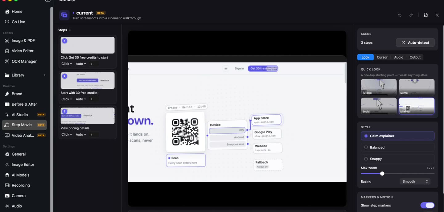 The OwnClip Step Movie panel with an ordered list of steps, a preview, and the style and motion controls beside it