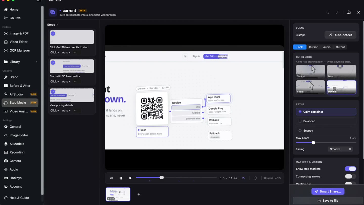 OwnClip Step Movie turning captured screenshots into numbered steps with a guided camera move between them