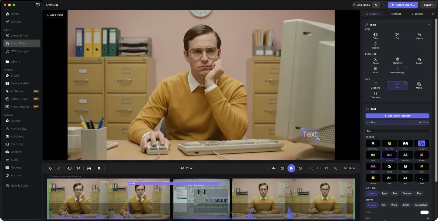 The OwnClip video editor with a recording on the timeline, a filmstrip of clips and the text and style controls open
