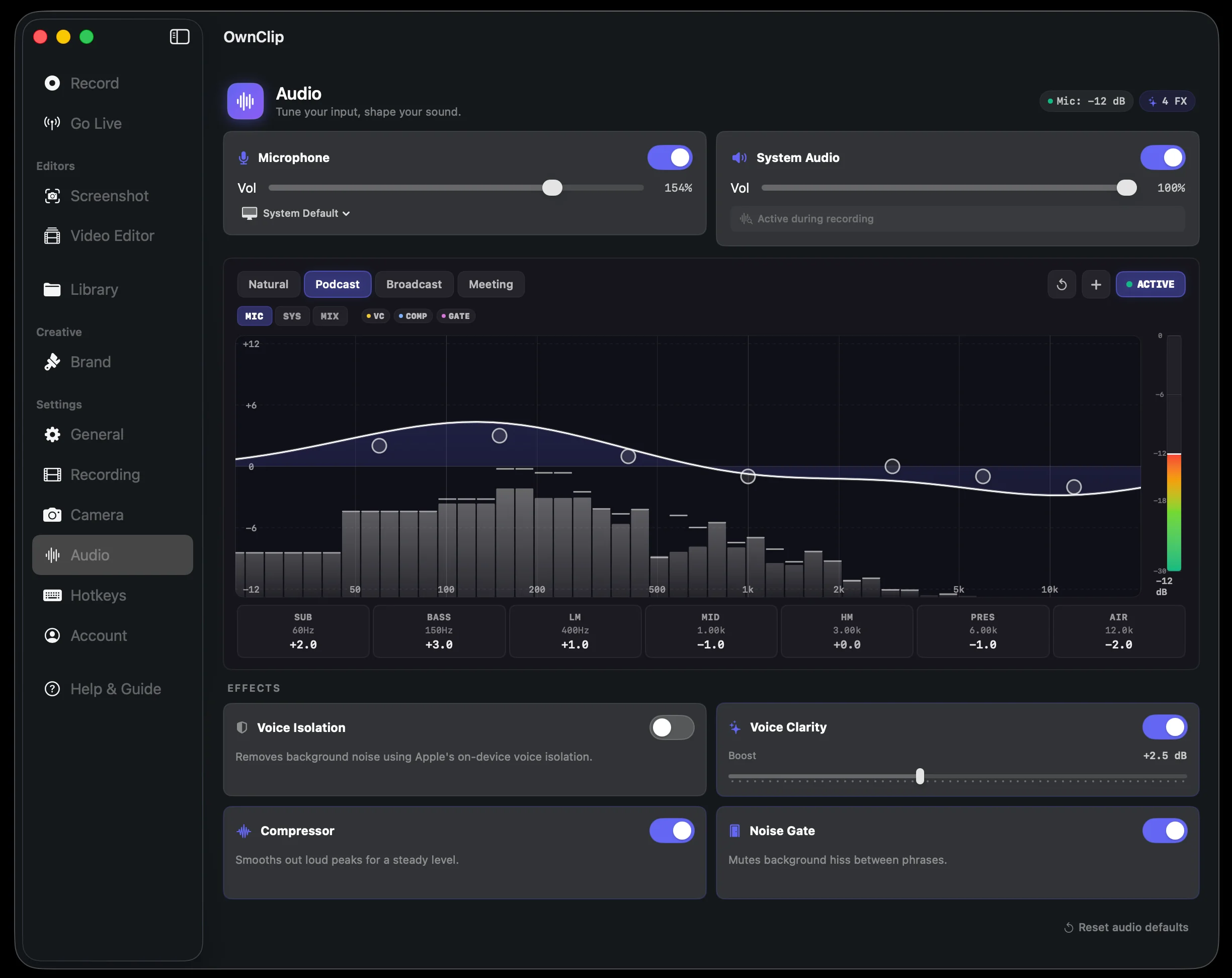OwnClip audio panel with EQ curve and live spectrum