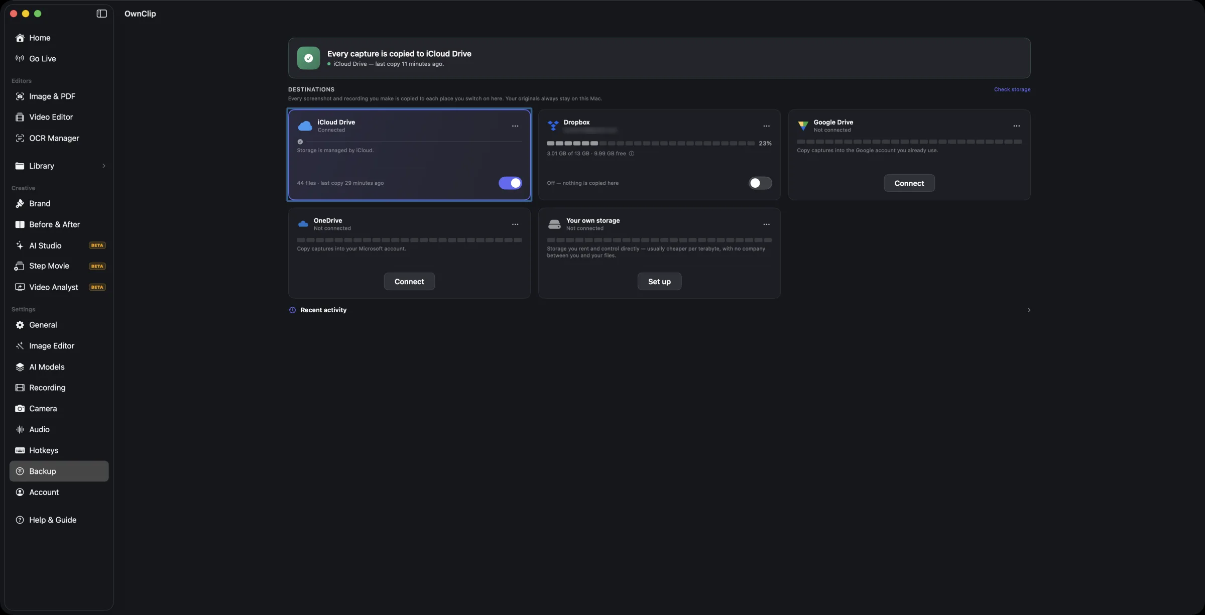 OwnClip's Backup settings page: a status line reading "Every capture is copied to iCloud Drive", and a grid of four destinations — iCloud Drive switched on, Google Drive, OneDrive and Your own storage — above a Recent activity row.