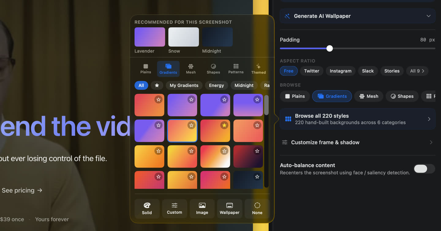 The OwnClip editor beautifying a screenshot: the background library opens on gradient, mesh, shape, pattern and themed presets, then the panel rounds the corners, drops a layered shadow, tilts the card in 3D, and reframes it to a different aspect ratio.