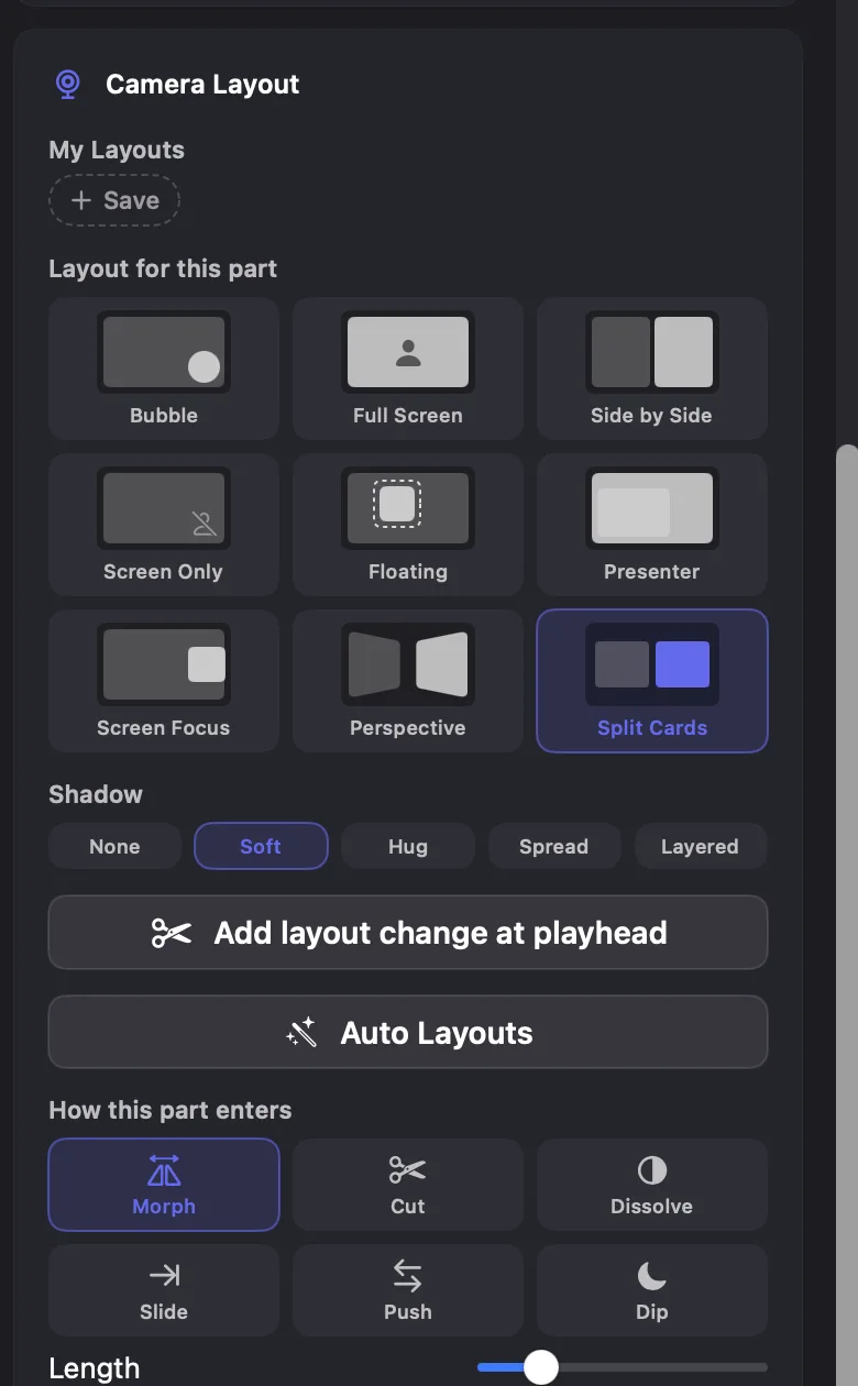 The Camera Layout panel: the nine-tile layout picker, a Shadow row, Add layout change at playhead, Auto Layouts, and the six ways a part can enter, Morph, Cut, Dissolve, Slide, Push and Dip.