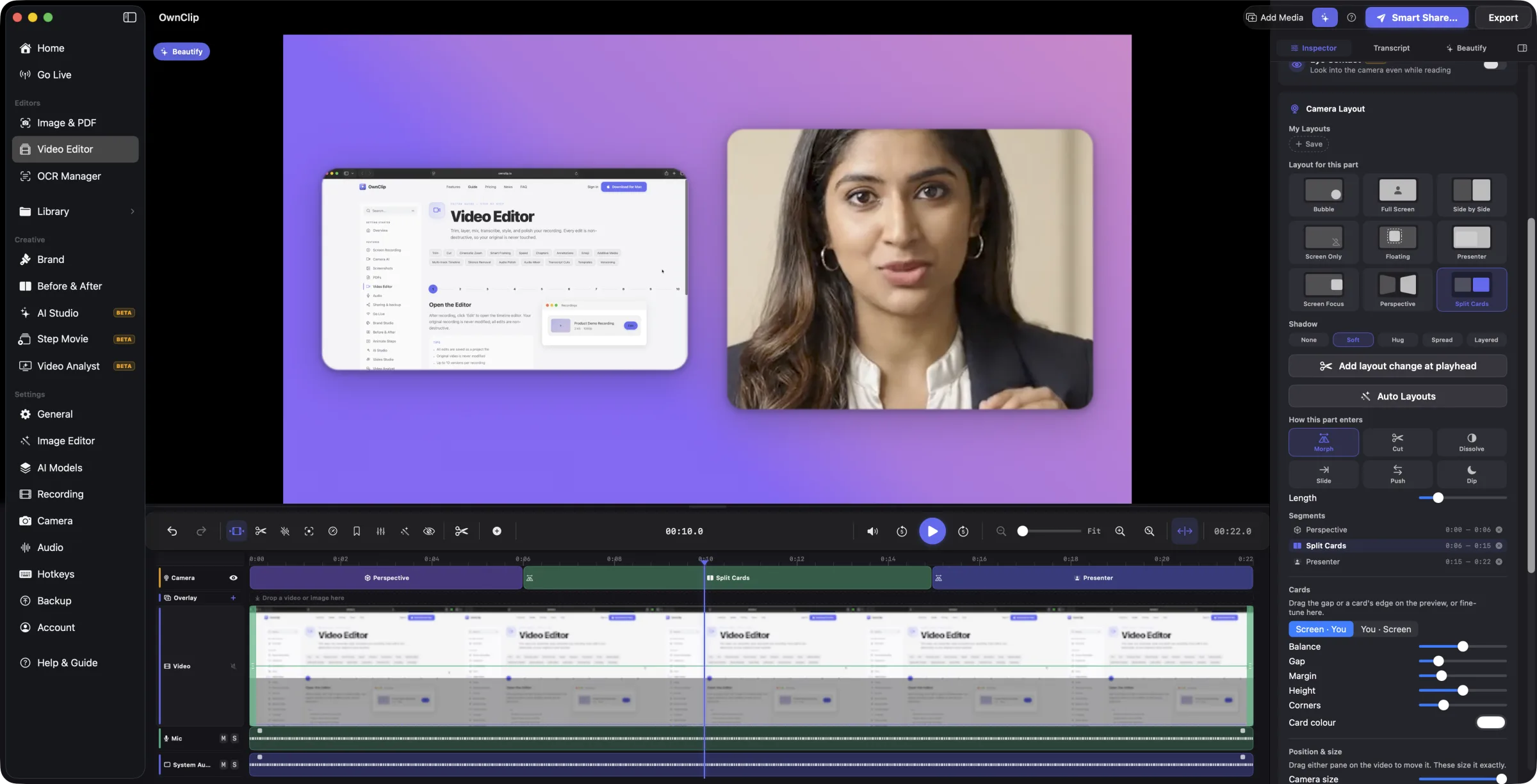 The OwnClip editor with the Camera Layout panel open: a nine-tile layout picker with Split Cards selected, a Shadow row, Auto Layouts, the six ways a layout change can enter — Morph, Cut, Dissolve, Slide, Push, Dip — and a Segments list of three layout parts. The preview shows the screen and the presenter as two rounded cards with the background between them, and the timeline's camera lane carries a chip per part.