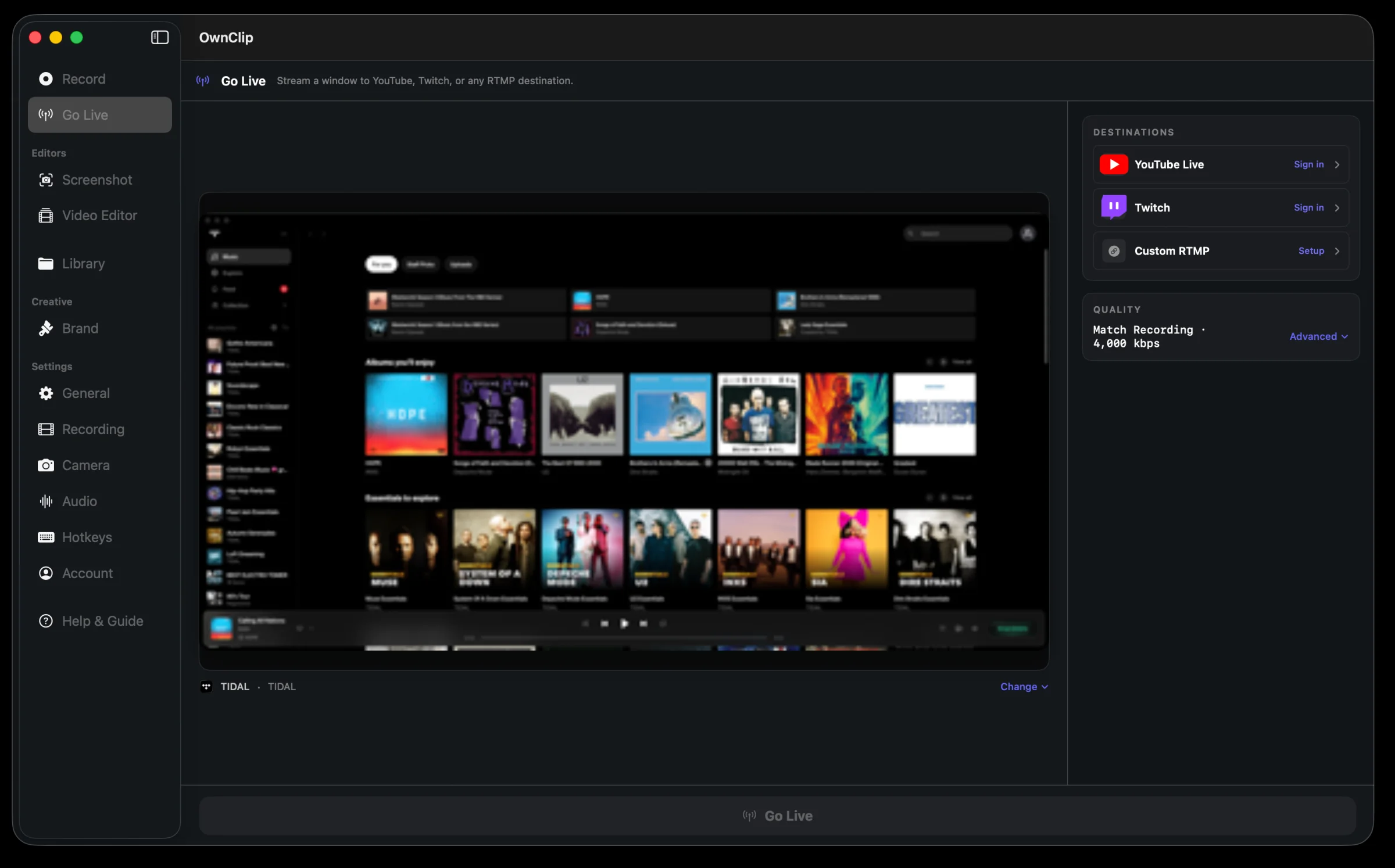 OwnClip Go Live panel with destination presets
