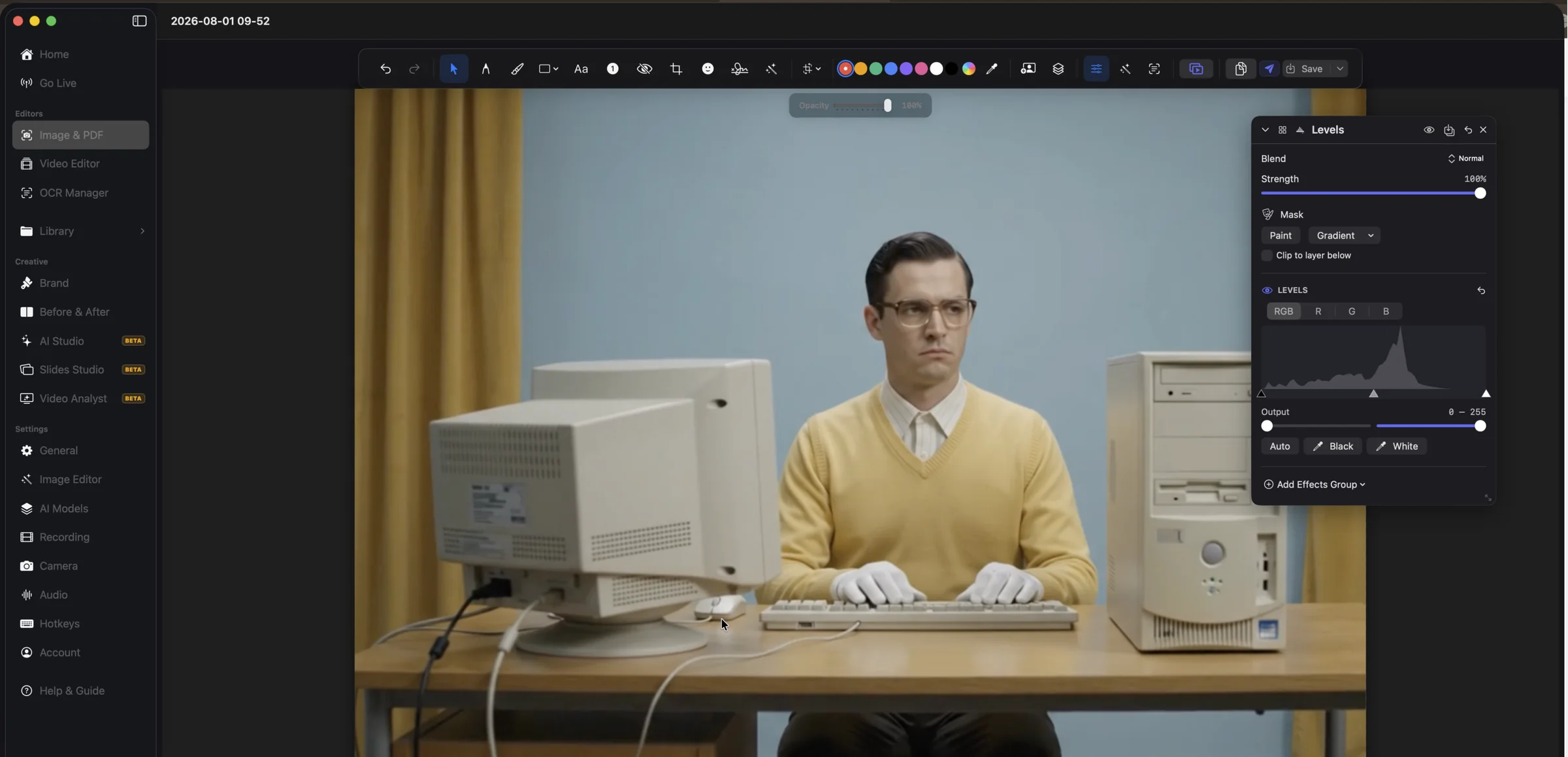 A photo in the OwnClip image editor with a Levels adjustment layer, histogram and mask controls