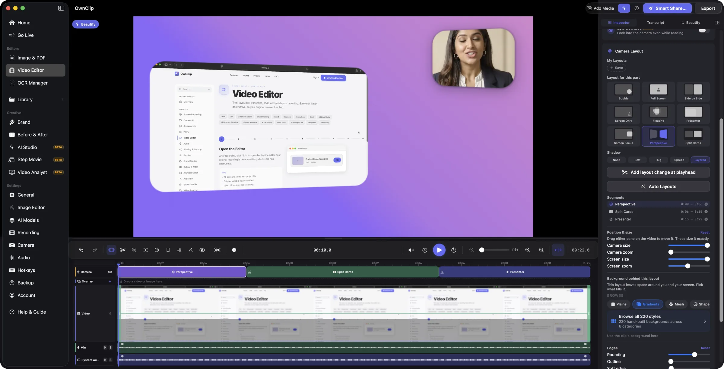 The editor's camera lane split into three layout parts, Perspective, Split Cards and Presenter, each with a transition badge on its boundary, beside a Segments list showing the timecodes of all three.