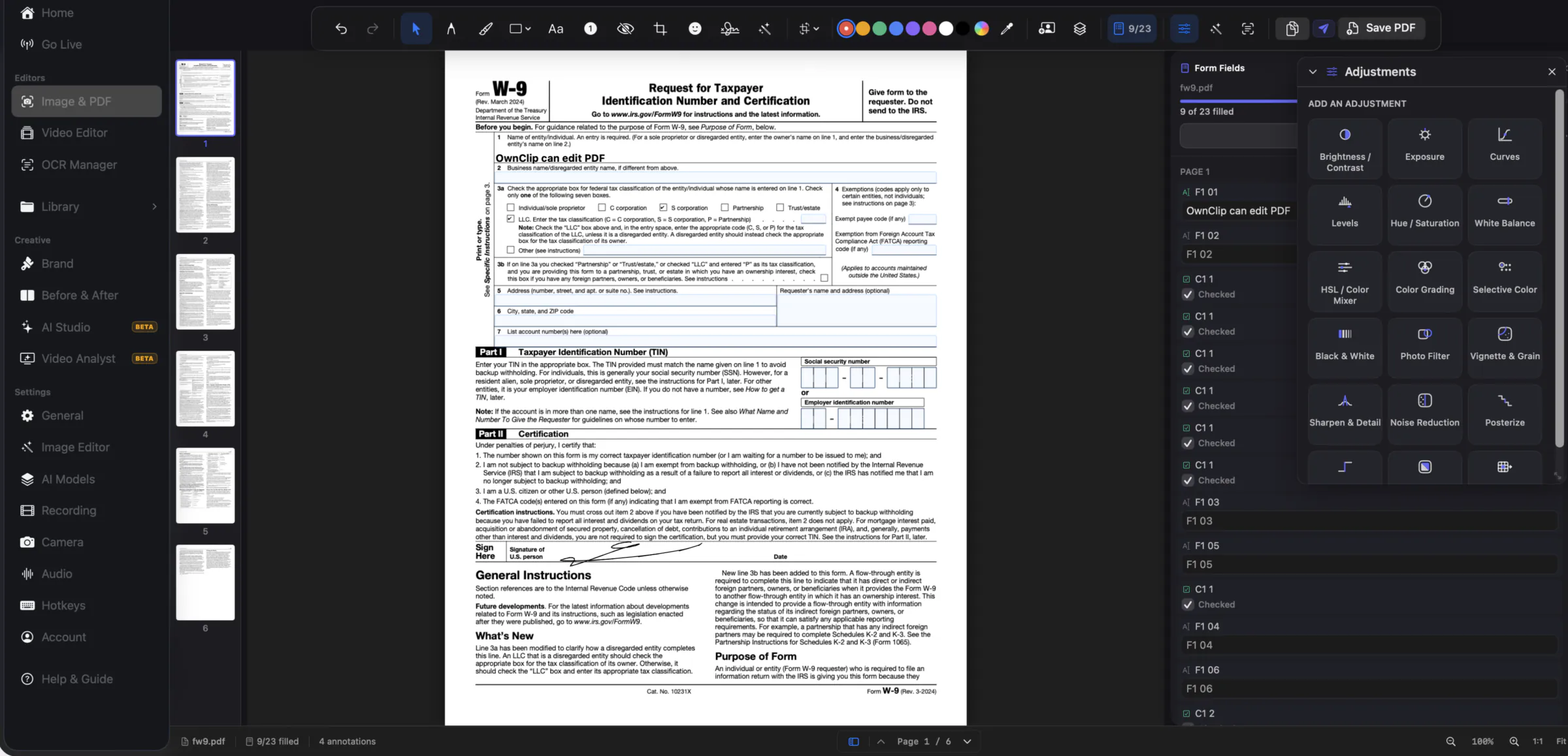 OwnClip filling an IRS W-9 in the PDF editor — a form fields panel reading 9 of 23 filled, ticked checkboxes, and a signature on the page