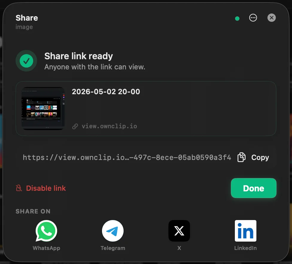 OwnClip Share dialog with copy-link and a view.ownclip.io link