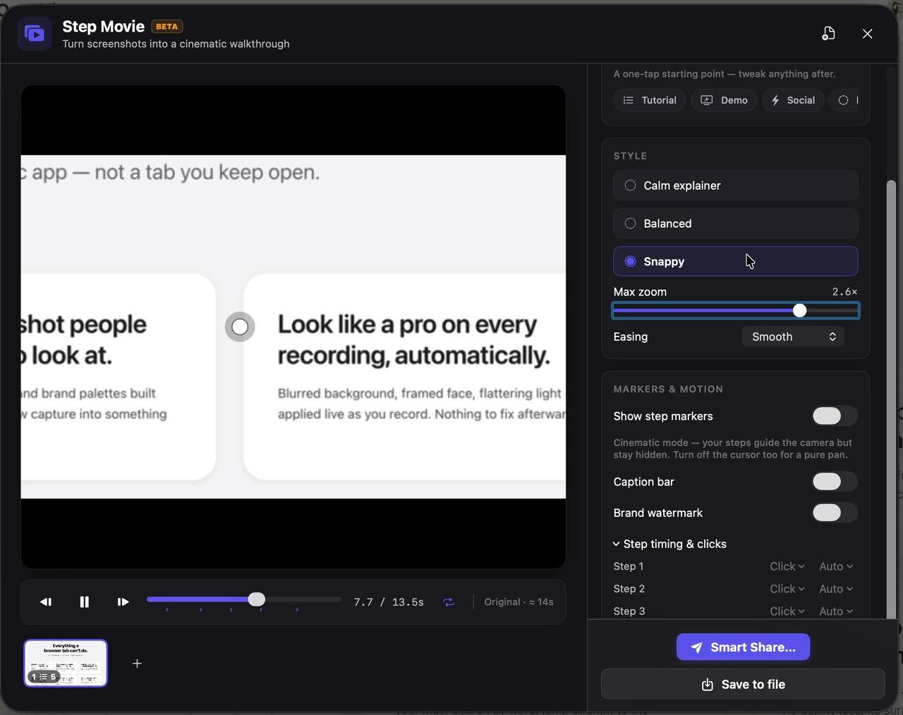 OwnClip's Step Movie studio — a screenshot playing back as an animated walkthrough, with look, cursor, audio, and output controls alongside